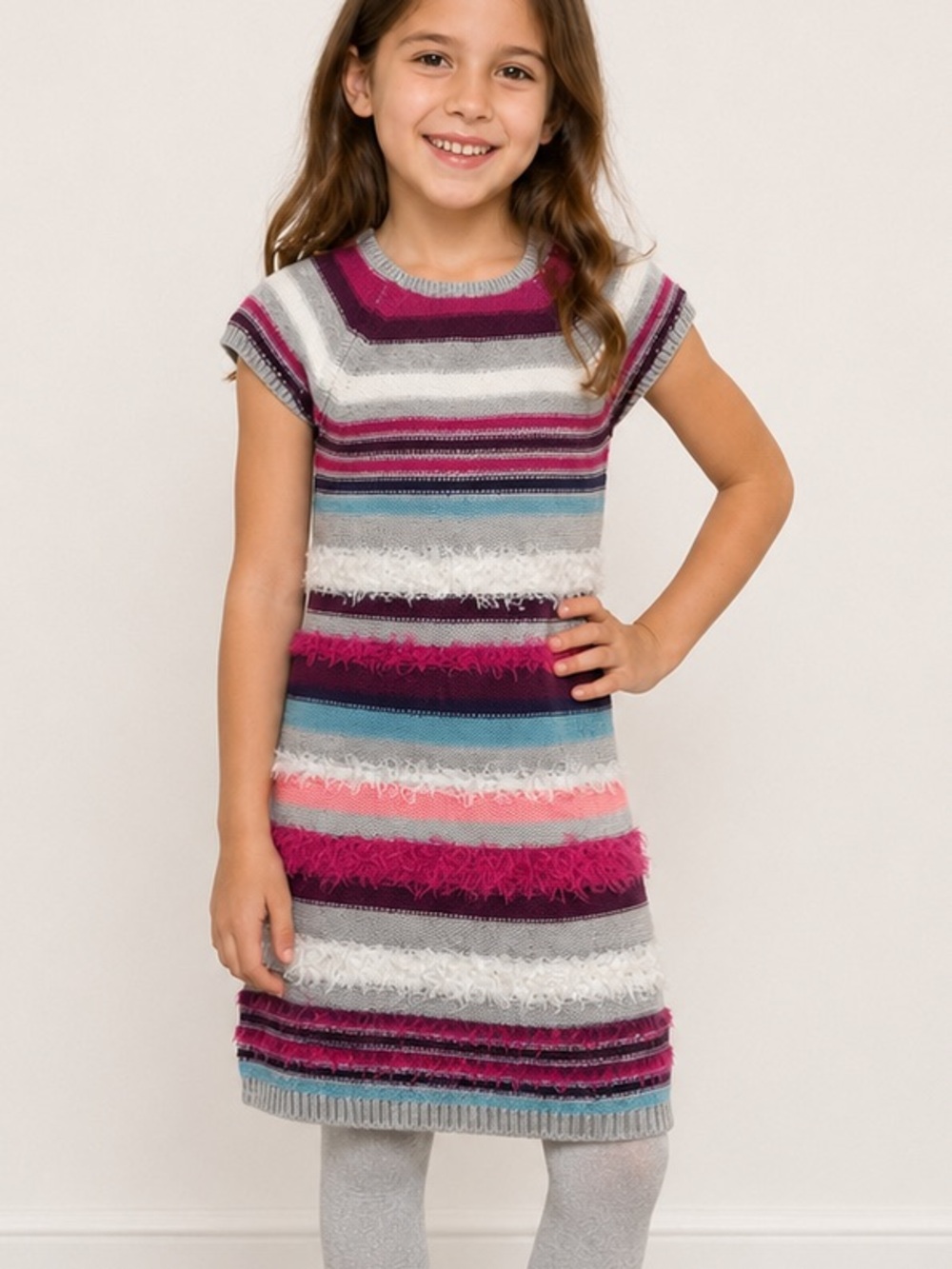 Gymboree Girls Sweater Dress Size 8 Striped Fuzzy Knit Pink Blue Cap Sleeve